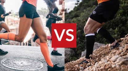 Compression socks vs compression sleeves: Pictured here, a group of runners running on the street (left), a person descending a mountain (right)