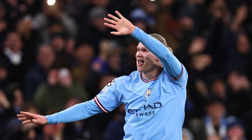 Erling Haaland celebrates after scoring his fifth goal for Manchester City against RB Leipzig in the Champions League in March 2023.