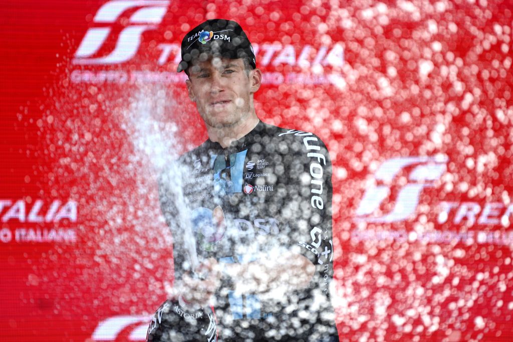CAORLE ITALY MAY 24 Alberto Dainese of Italy and Team DSM celebrates at podium as stage winner during the the 106th Giro dItalia 2023 Stage 17 a 197km stage from Pergine Valsugana to Caorle UCIWT on May 24 2023 in Caorle Italy Photo by Tim de WaeleGetty Images