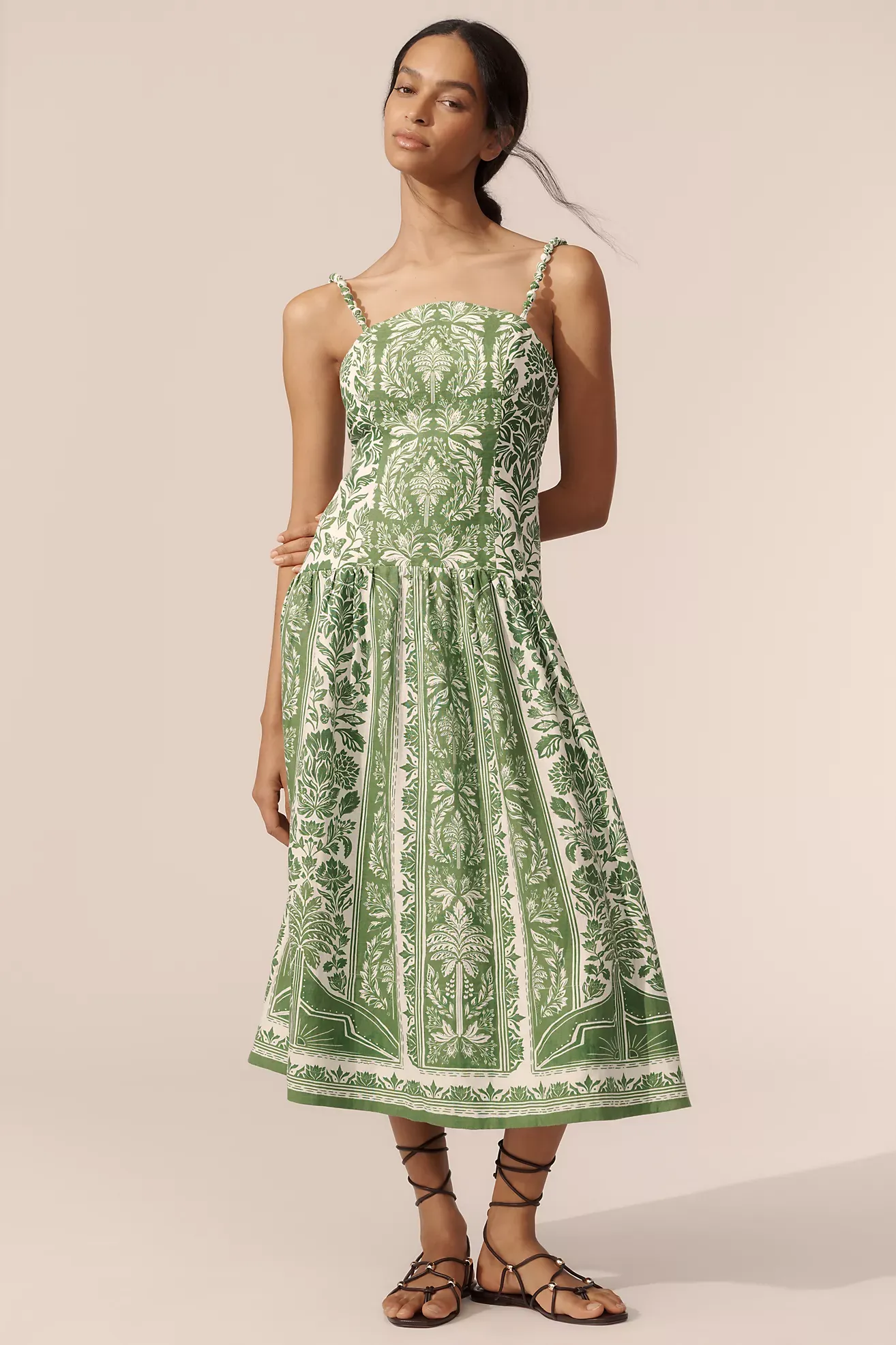 Farm Rio Delicate Tapestry Linen Drop-Waist Midi Dress