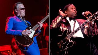 Joe Bonamassa wears a blue suit and plays his P-90 loaded Epiphone signature Les Paul [left] and BB King cups his hand to his ear to ask for some more from his audience at a 1991 show in Chicago.