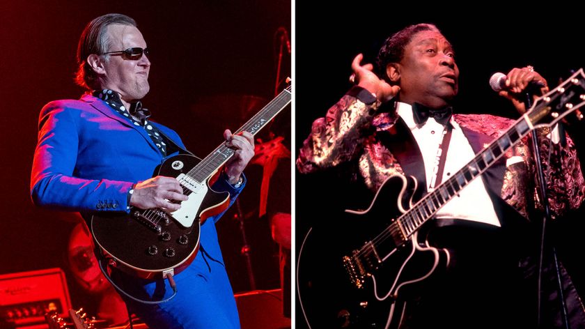 Joe Bonamassa wears a blue suit and plays his P-90 loaded Epiphone signature Les Paul [left] and BB King cups his hand to his ear to ask for some more from his audience at a 1991 show in Chicago.