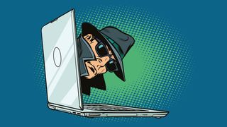 A graphic of a 1950s-style spy peeping out of a laptop