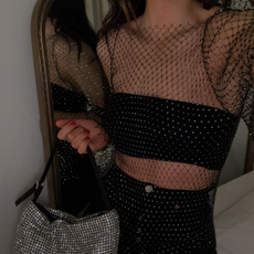  @_jessicaskye wearing a sheer rhinestone Zara top