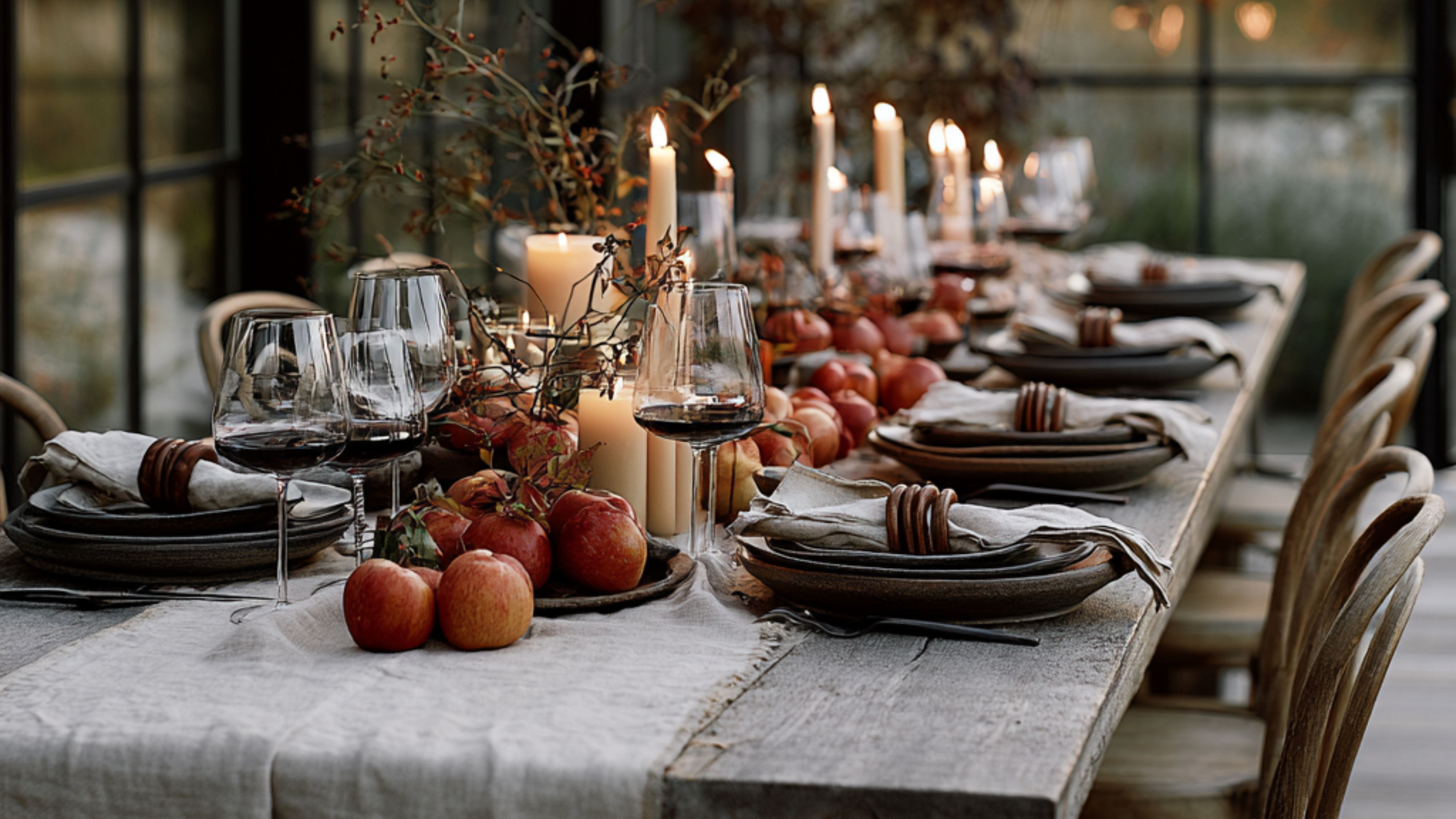 Harvest decor-inspired fall table styled with apples, softly glowing taper candles, a beige linen table runner, and textured wooden napkin rings.