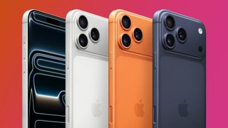 Four iPhone 17 Pro Max phones on an orange and pink background