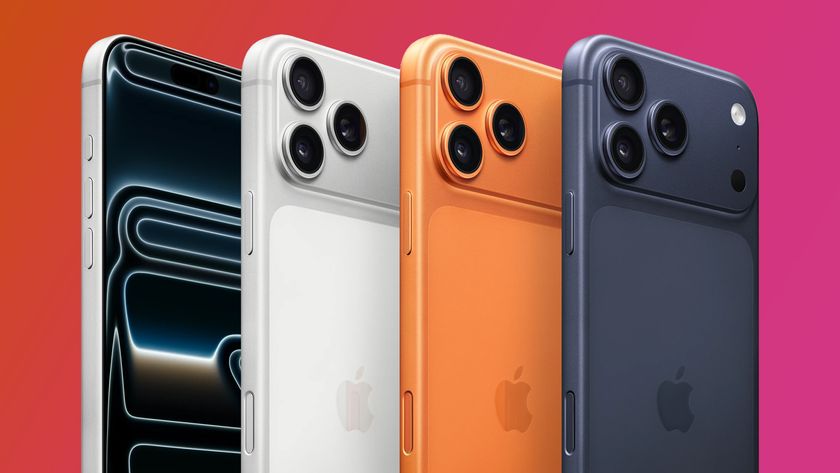 Four iPhone 17 Pro Max phones on an orange and pink background