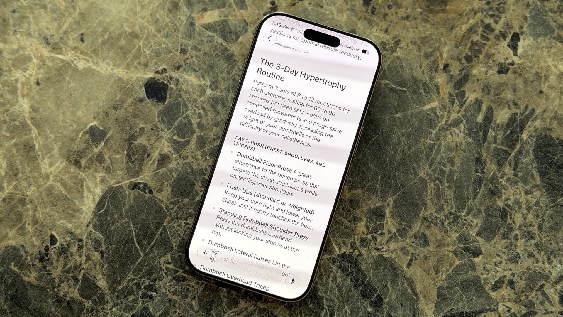 An iPhone showing a workout plan created by Apple's Siri AI.