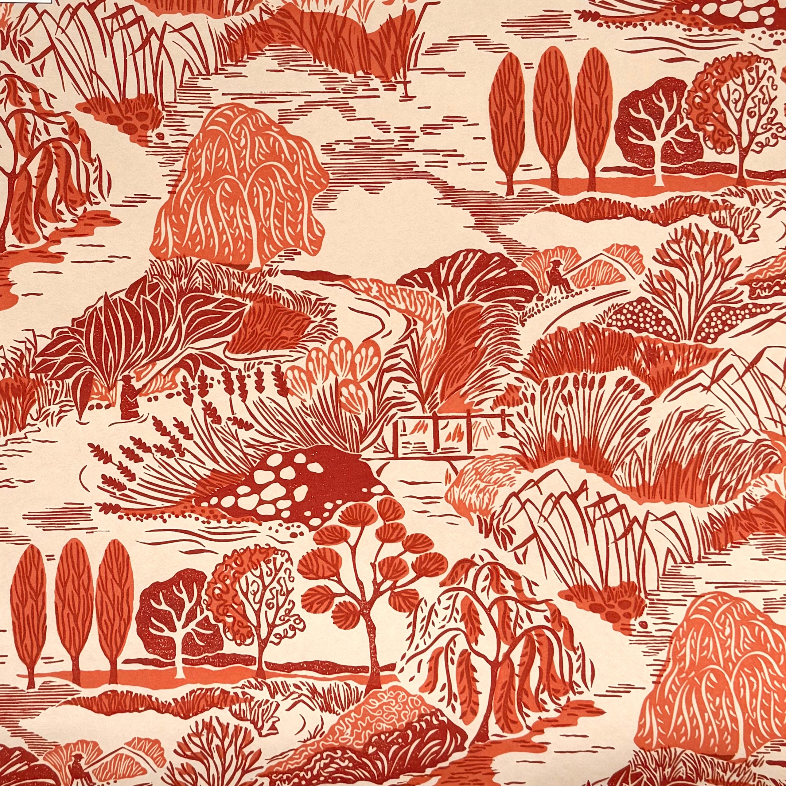 A cream, orange and red wallpaper featuring abstract trees and grasses