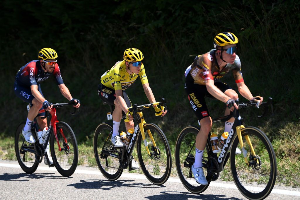 SAINTETIENNE FRANCE JULY 15 Jonas Vingegaard Rasmussen of Denmark and Team Jumbo Visma Yellow Leader Jersey competes during the 109th Tour de France 2022 Stage 13 a 1926km stage from Le Bourg dOisans to SaintEtienne 488m TDF2022 WorldTour on July 15 2022 in SaintEtienne France Photo by Alex BroadwayGetty Images