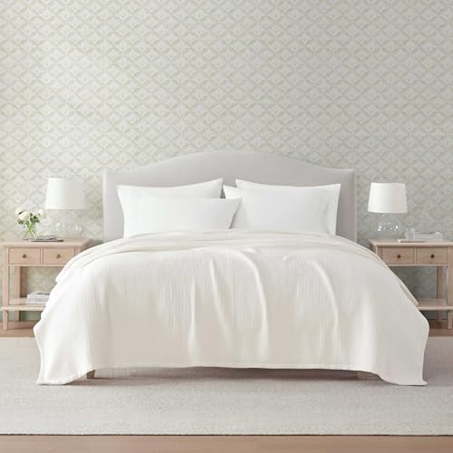 Martha Stewart - Twin Bed Blanket, 100% Cotton Textured Basket Weave Bedding, Breathable &amp;amp; Lightweight Blanket for Couch or Bed, Bedford Tile White