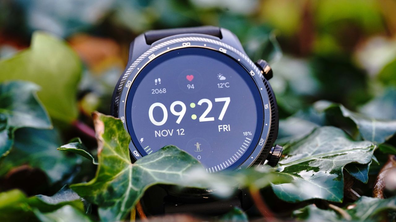 Mobvoi TicWatch Pro 3 Ultra GPS on a wall covered with ivy