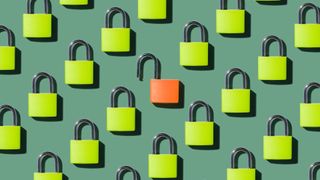 Data protection and GDPR concept image showing multiple padlocks on a green background with one opened padlock.