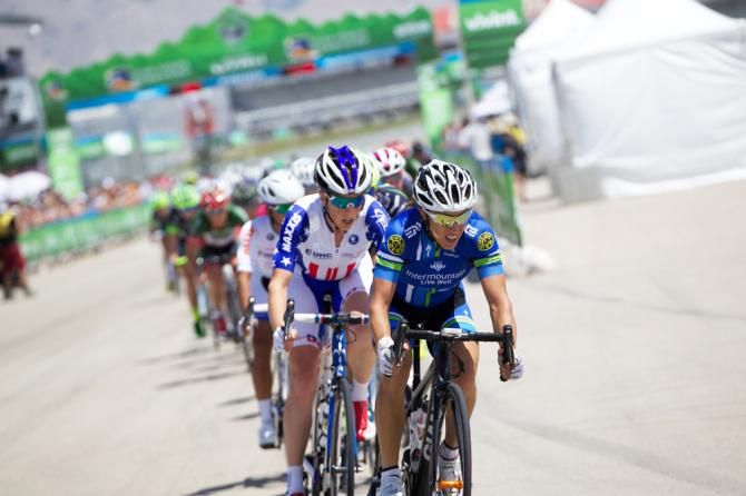 Julie Emmerman (Intermountain Live Well pb Bountiful Bikes) and Alison Powers (United Healthcare) leading out the pack after hearing the bell for one 2.2 mile lap to go.