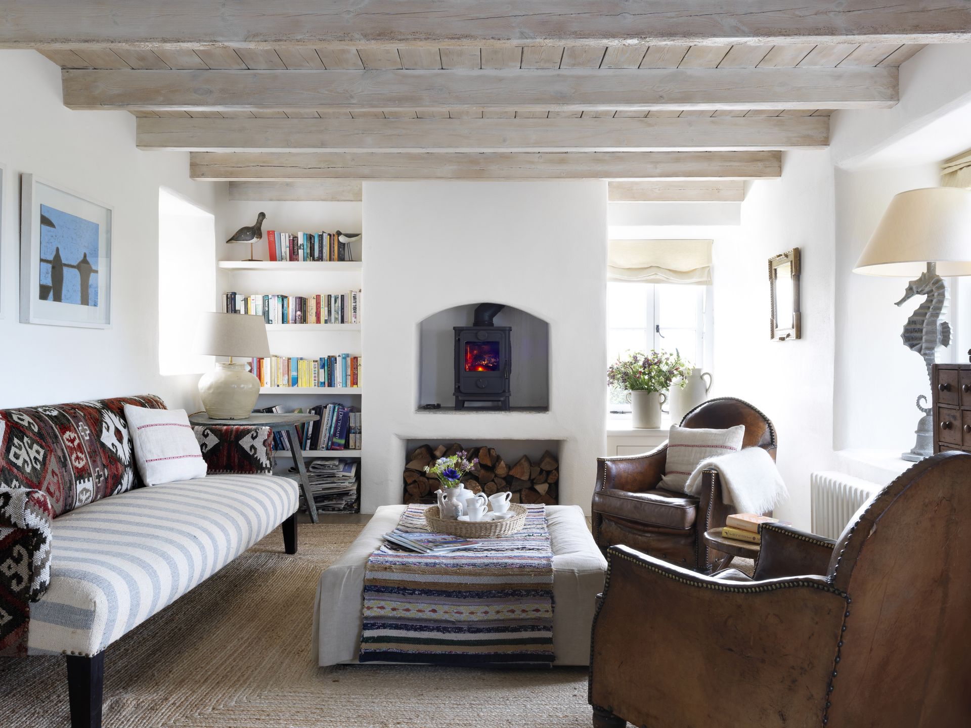 country style living room with woodburner