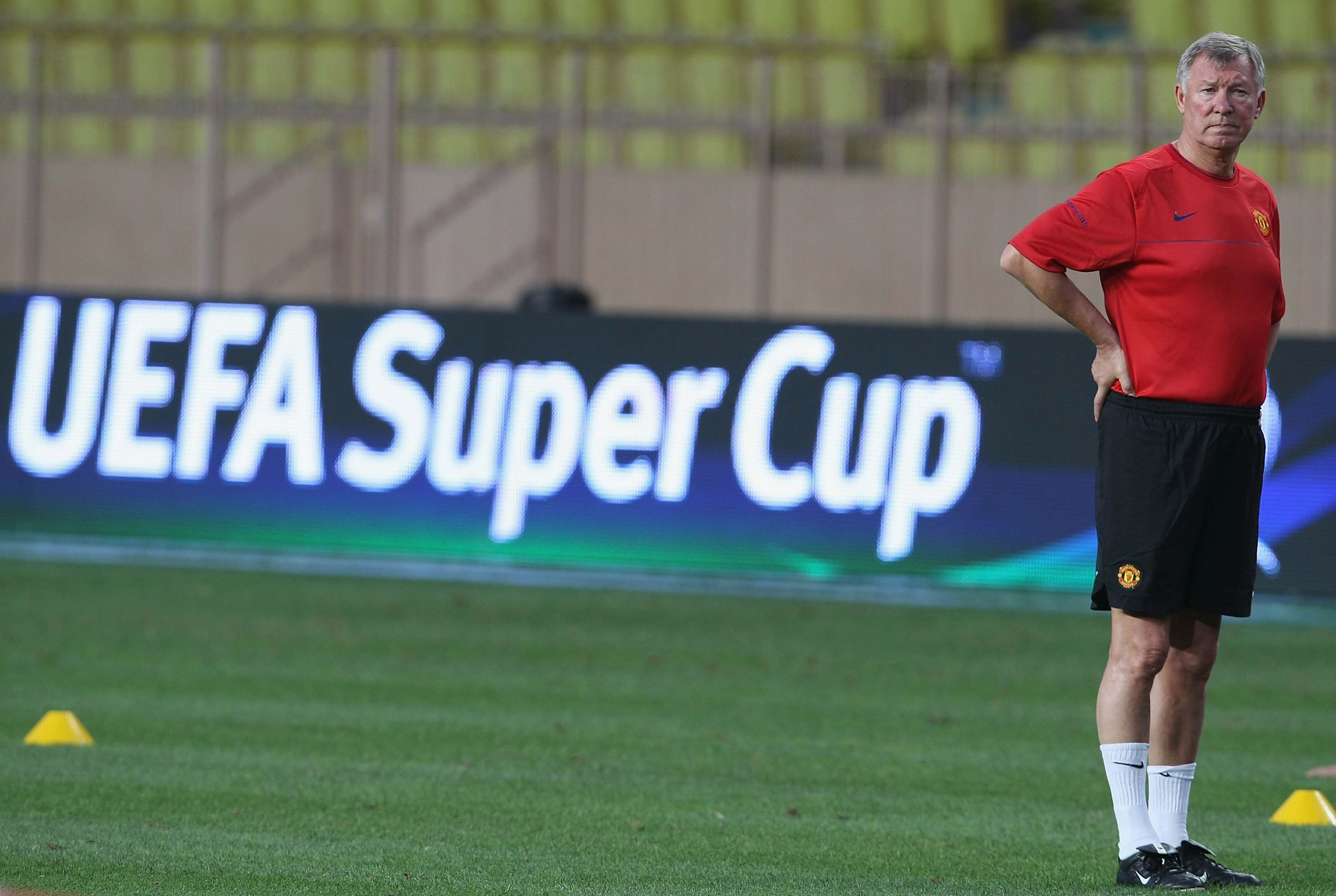 Manchester United manager Alex Ferguson in training ahead of the UEFA Super Cup clash against Zenit St Petersburg in August 2008.
