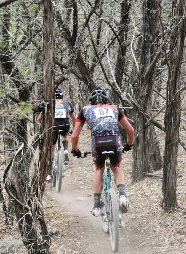 Riders making their way through some tight forest