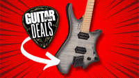 A Strandberg Boden Original NX 6 electric guitar on a red background with the Guitar World deals logo
