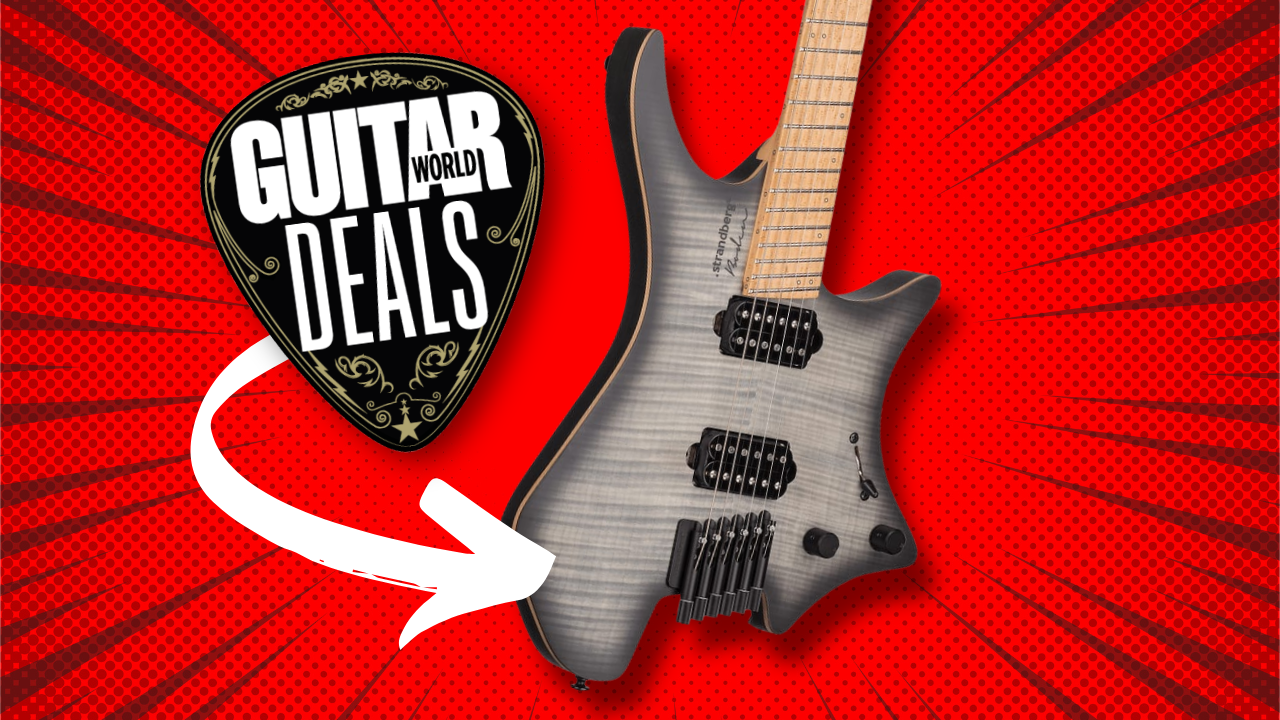 A Strandberg Boden Original NX 6 electric guitar on a red background with the Guitar World deals logo