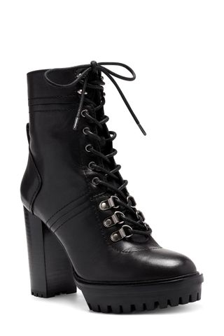 black lace up high heeled combat boots