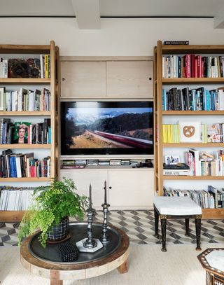a TV between two bookshelves