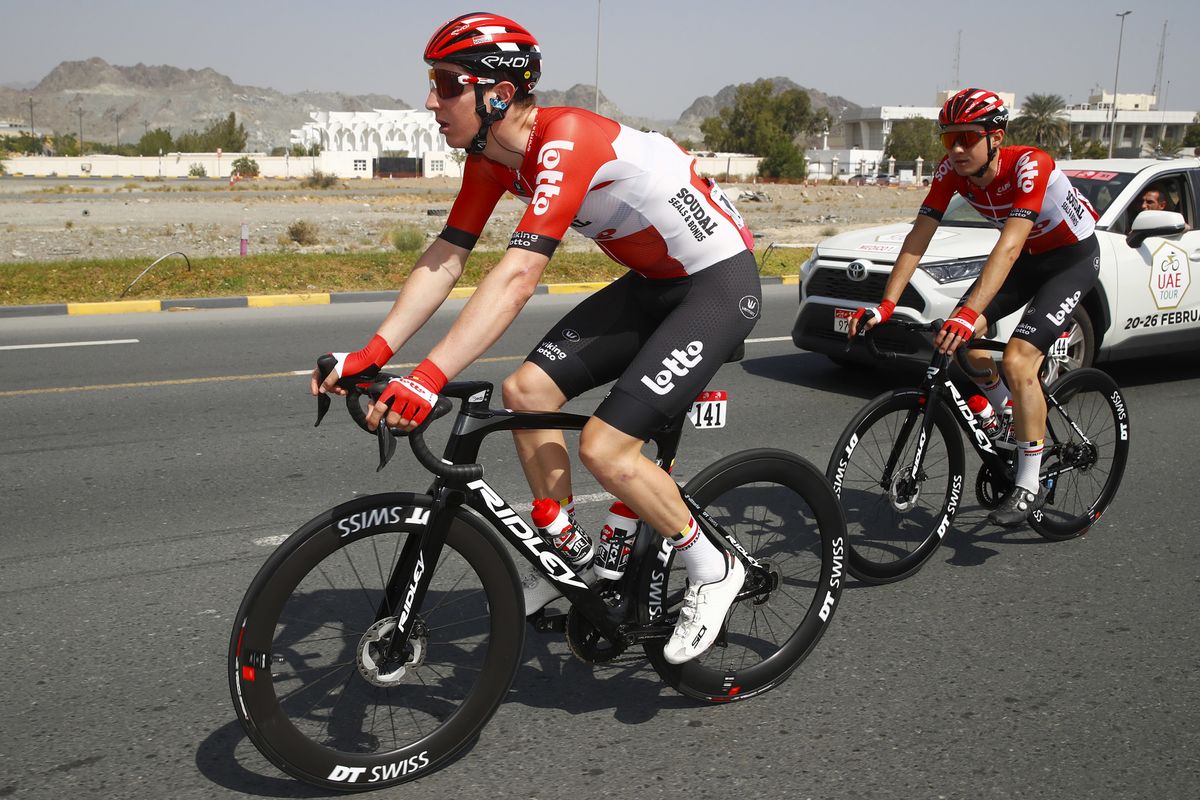 UAE Tour 2022 - 4th Edition - 4th stage Fujairah Fort - Jebel Jais 181 km - 23/02/2022 - Jarrad Drizners (AUS - Lotto Soudal) - Xandres Vervloesem (BEL - Lotto Soudal) - photo Luca Bettini/SprintCyclingAgencyÂ©2022