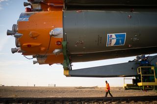 This NASA photo gives a sense of scale of Russia's Soyuz rocket, which launches the Soyuz crew capsules to the International Space Station. Here, the rocket carrying the Soyuz TMA-14M spacecraft is rolled out to the launch pad by train on Tuesday, Sept. 2