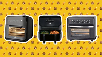 A set of three air fryers on a yellow background with turkey emoticon emojis