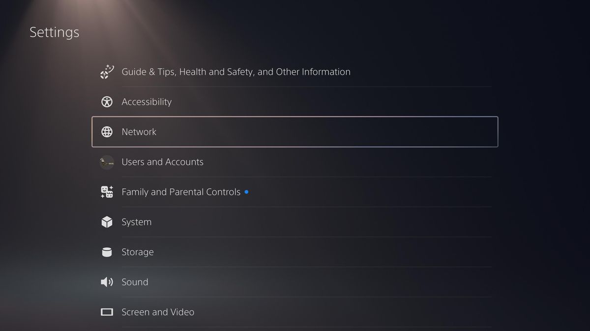 PS5 network settings menus