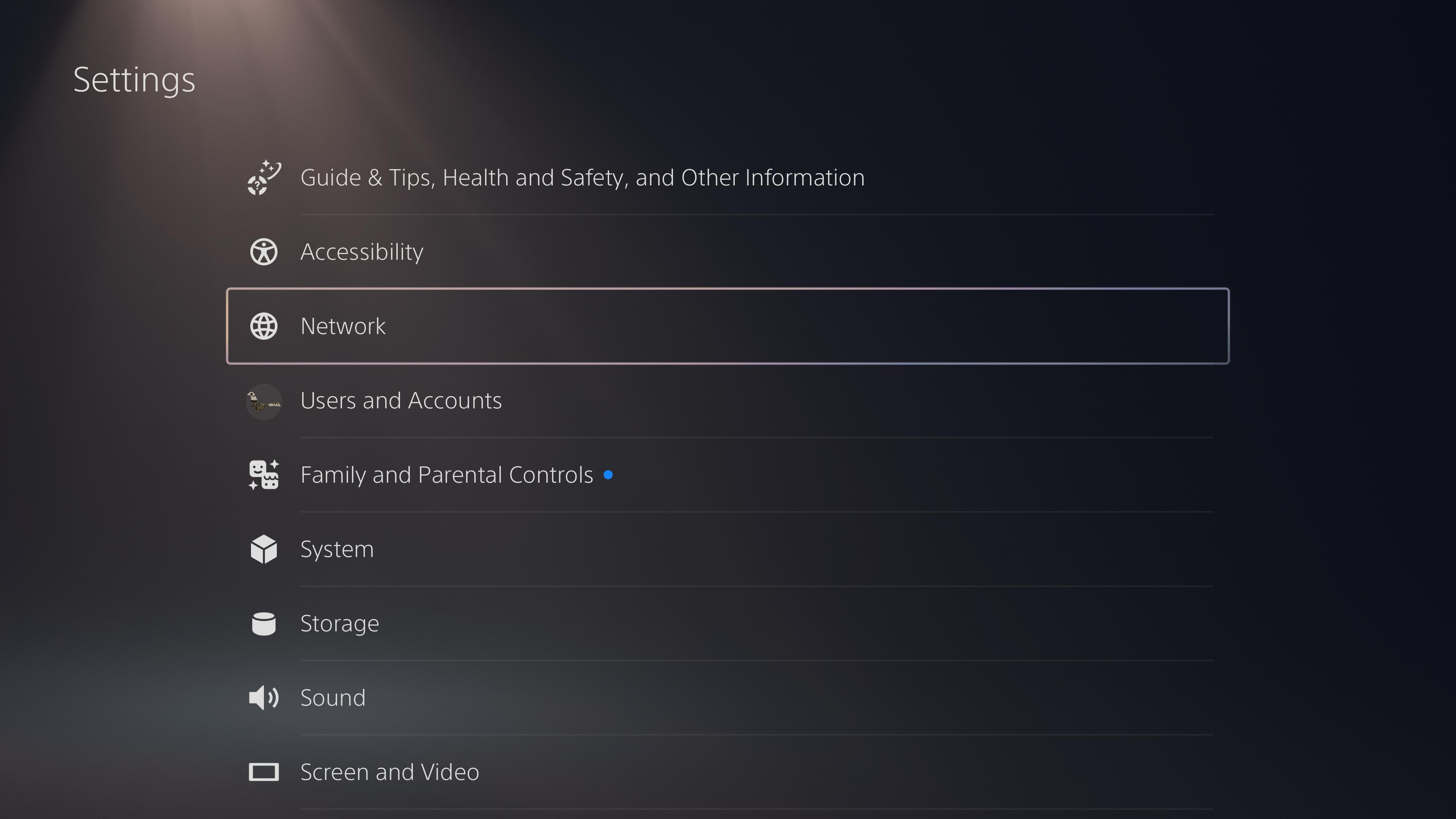 PS5 network settings menus