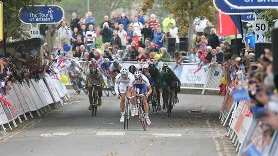 Ben Swift (Katusha) and teammate Filippo Pozzato head towards the finish line.