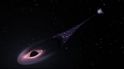 This illustration shows a black field speckled with white, yellow and red galaxies. A black hole, near the left, bottom corner of the image, plows through space, leaving a diagonal trail of newborn stars stretching back to the black hole's parent galaxy.