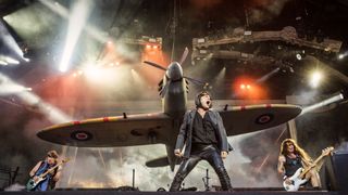 Iron Maiden, the English heavy metal band, performs a live concert during the Swedish music festival Sweden Rock Festival 2018. Here vocalist Bruce Dickinson is seen live on stage