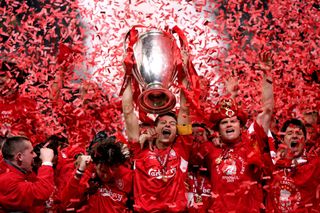 Liverpool captain Steven Gerrard lifts the trophy after victory in the 2005 Champions League final