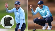 Sergio Garcia waving to the crowd and lining up a putt with an inset of his Golfyr The Maker Tour putter