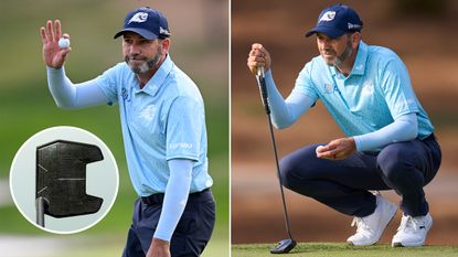 Sergio Garcia waving to the crowd and lining up a putt with an inset of his Golfyr The Maker Tour putter