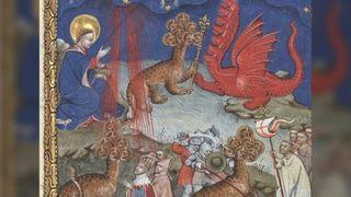 The exotic imagery of the Book of Revelation includes false prophet (at left) and a red seven-headed beast or dragon which may represent Satan. This image is from the Apocalypse flamande, an illuminated manuscript of the Book of Revelation created in the 15th century.