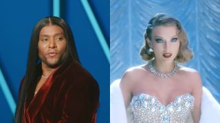 Side by side of Law Roach on Project Runway and Taylor Swift in her Bejeweled video. 