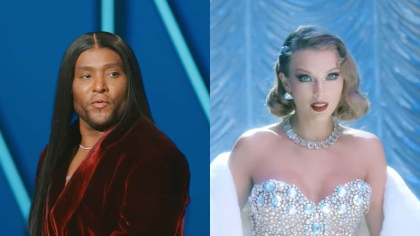 Side by side of Law Roach on Project Runway and Taylor Swift in her Bejeweled video. 