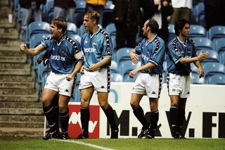 Celebration time for Manchester City during the Nationwide Division Two game against Walsall at Maine Road, Manchester, England. Man City won 3-1. \ Mandatory Credit: Alex Livesey /Allsport