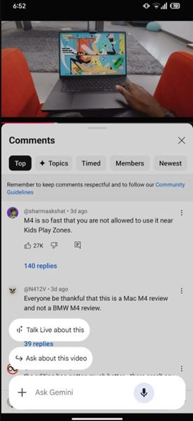 Gemini Live could receive an "Ask about this video" function for YouTube.