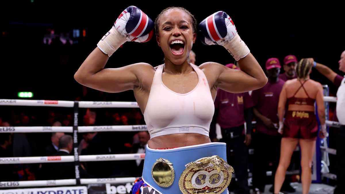 Natasha Jonas celebrates after winning a boxing match ahead of Jonas vs Habazin