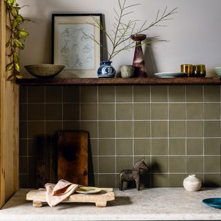 olive green square tiles in kitchen