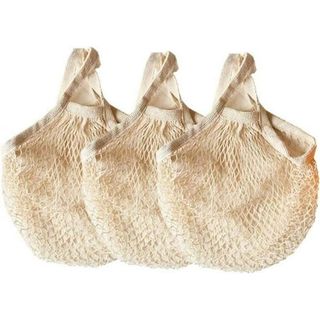 Ecology Reusable Cotton Mesh Grocery Bags Cotton String Bags Net Shopping Bags Mesh Bags Pack of 3 Beige