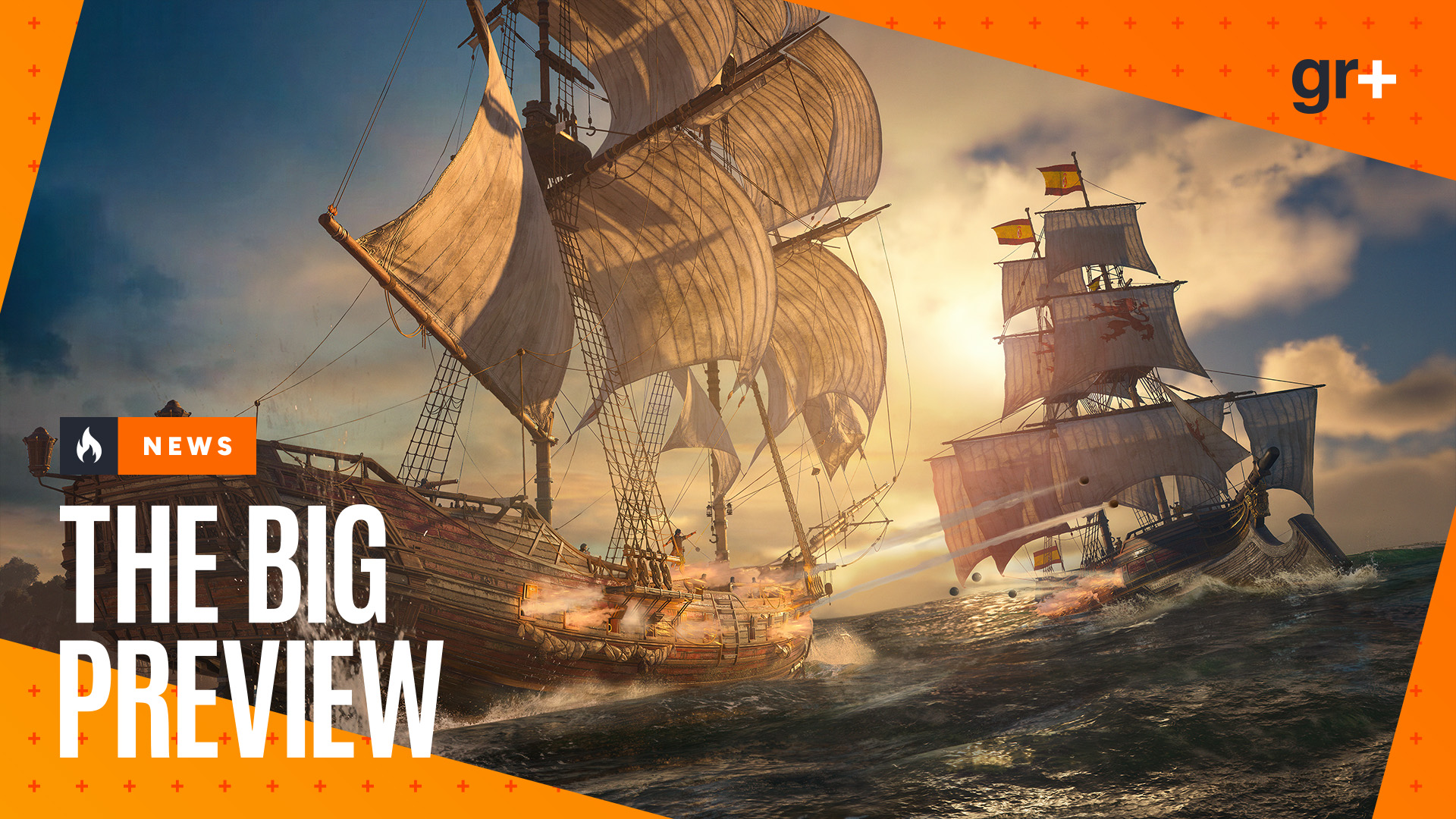 Ships shoot cannons in naval combat, with the GamesRadar+ orange Big Preview frame