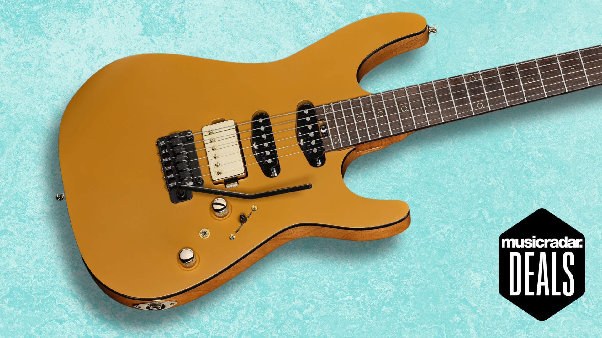 A Harley Benton HSS electric guitar on a teal background