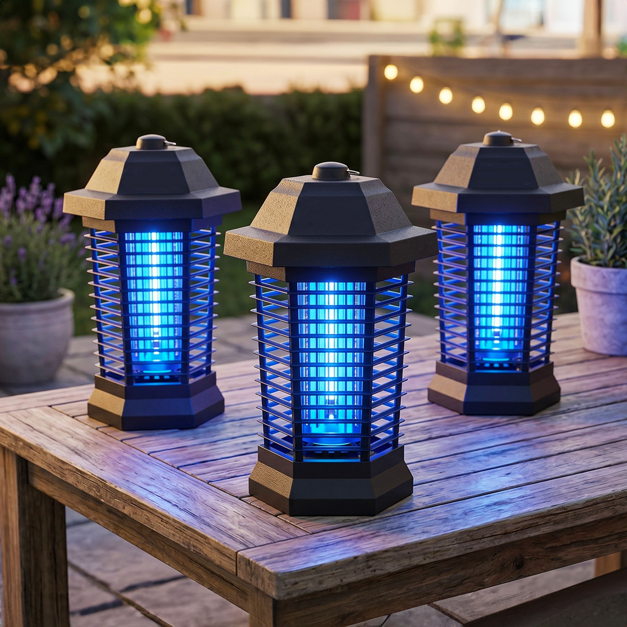 AI generated image showing a trio of Amazon's best-selling Gootop bug zapper on a garden table on the patio at dusk