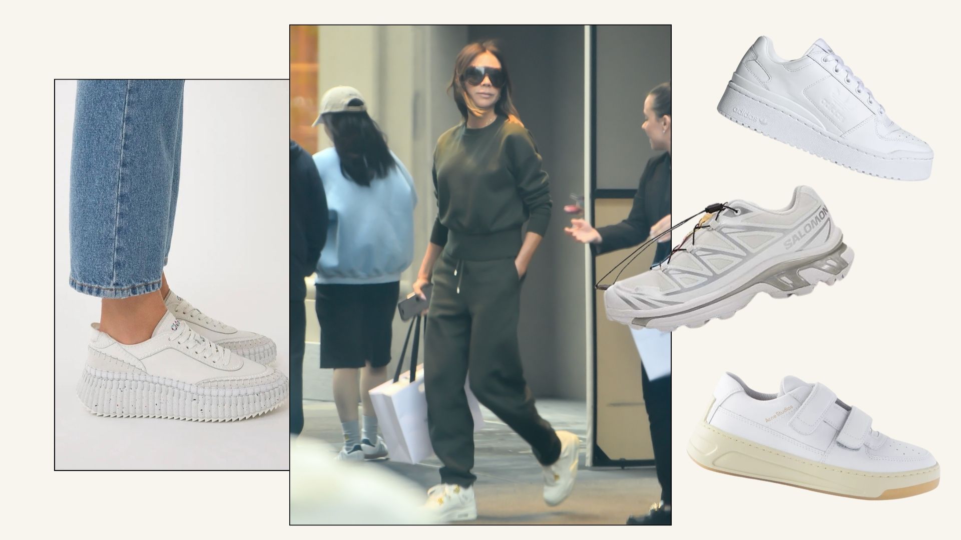 Victoria Beckham wears white chunky trainers.
