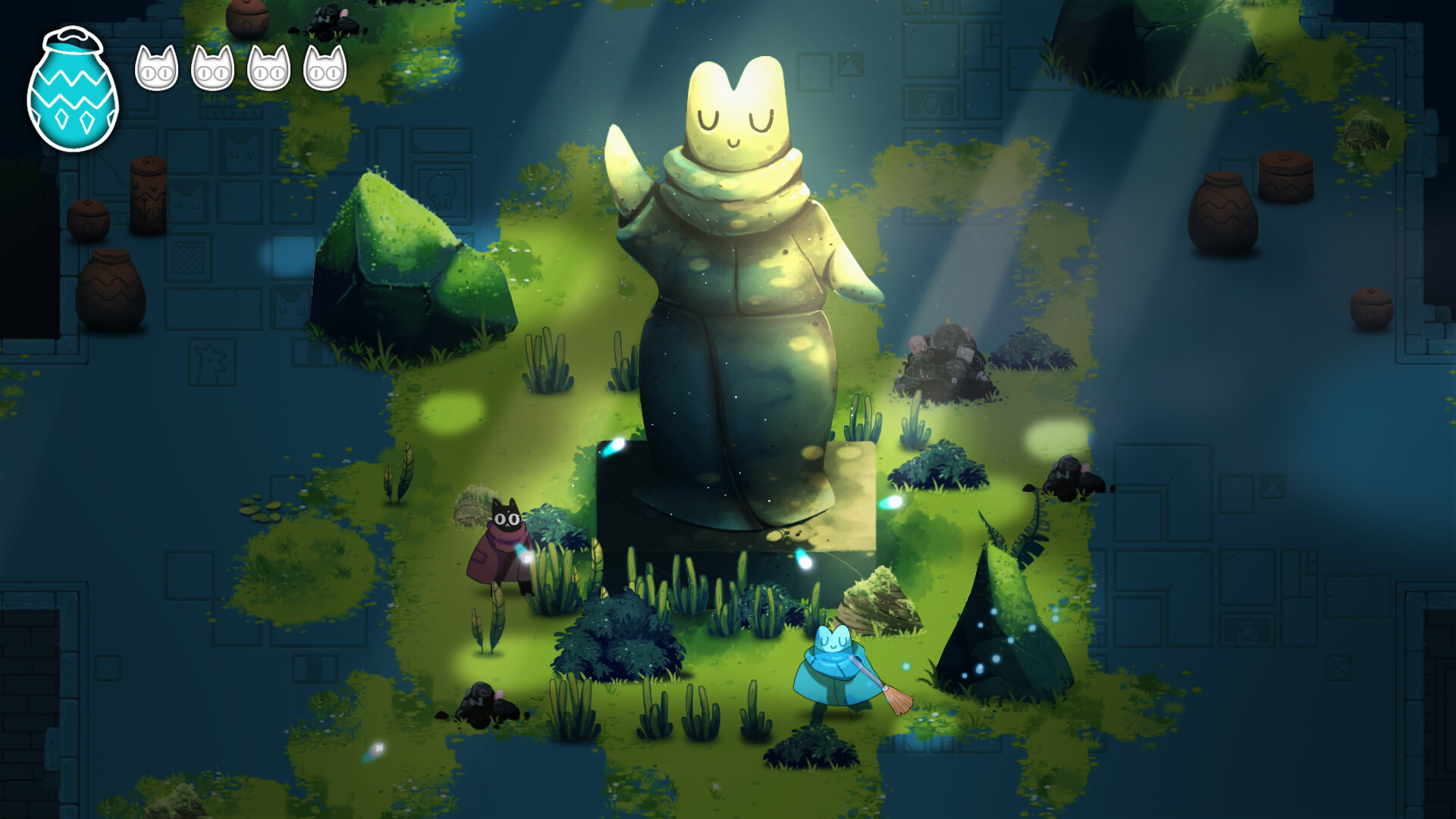 In-game screenshot of Pluto finding a cat statue in Crypt Custodian