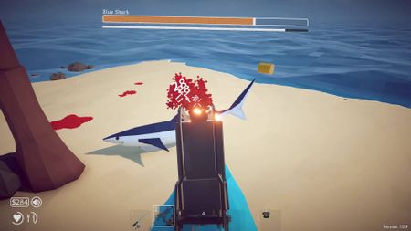 How to Fish player shooting blue shark miniboss on the beach